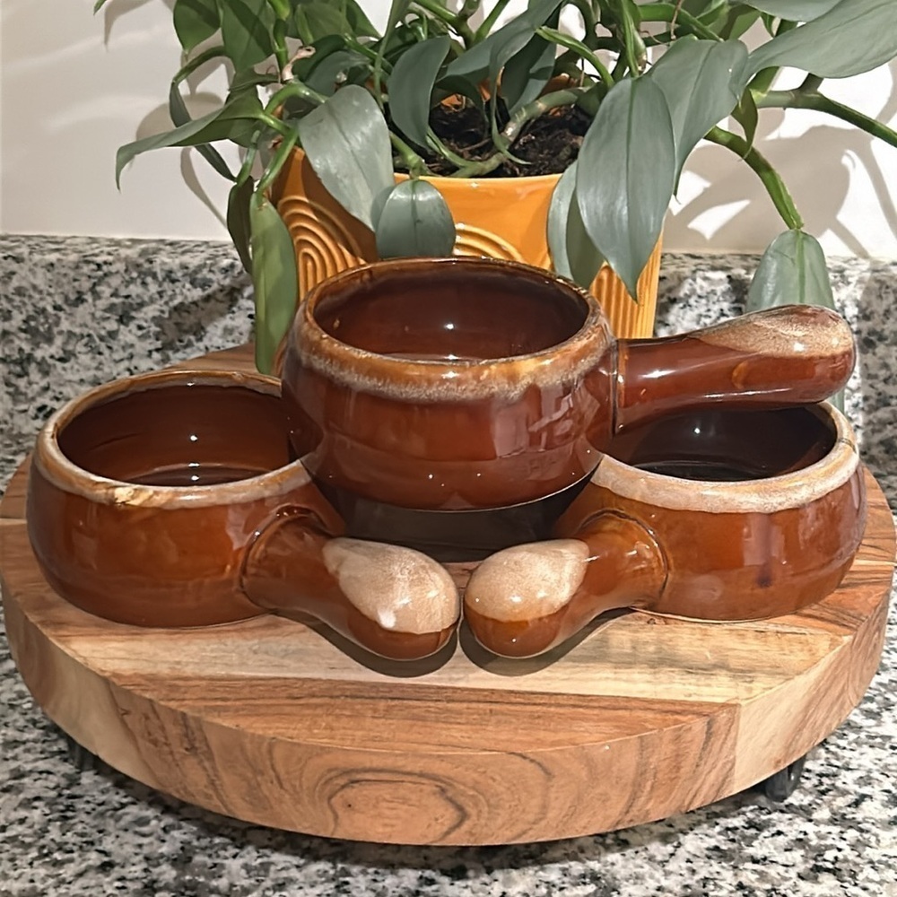 Set of 3 Vintage Handle Soup Bowls Brown Drip Glaze Pottery Stackable Chili 70s